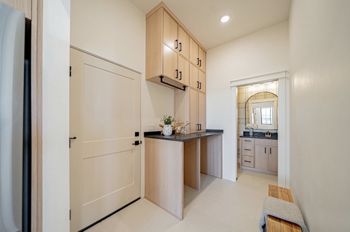 Mudroom storage wall and desk nook